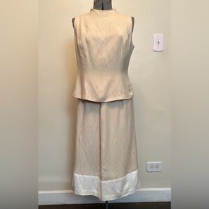 Vintage YL Linen Top & Skirt Set Beige Cream Tank Blouse Size 8 Med. Fully Lined